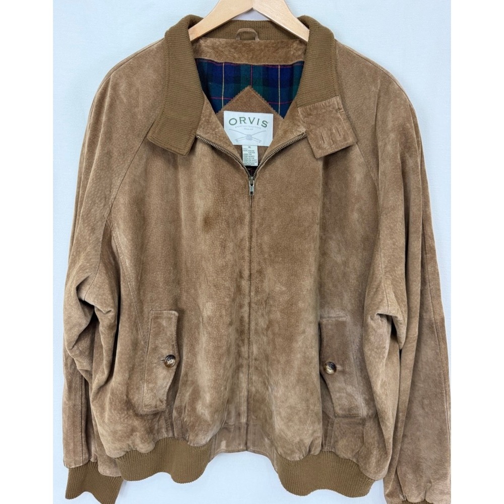 Vintage Orvis Sporting Traditions Suede Bomber Jacket Plaid Lined Men's XL